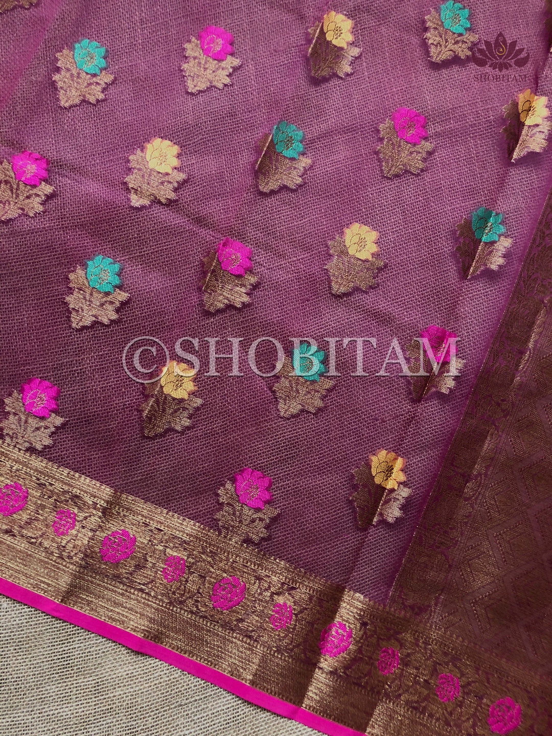 Meenakari Semi Kora Banarasi Saree in Plum with Antique Zari | Shobitam Saree
