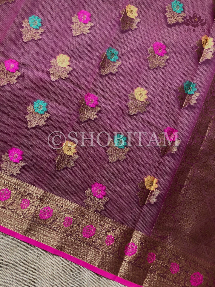 Meenakari Semi Kora Banarasi Saree in Plum with Antique Zari | Shobitam Saree