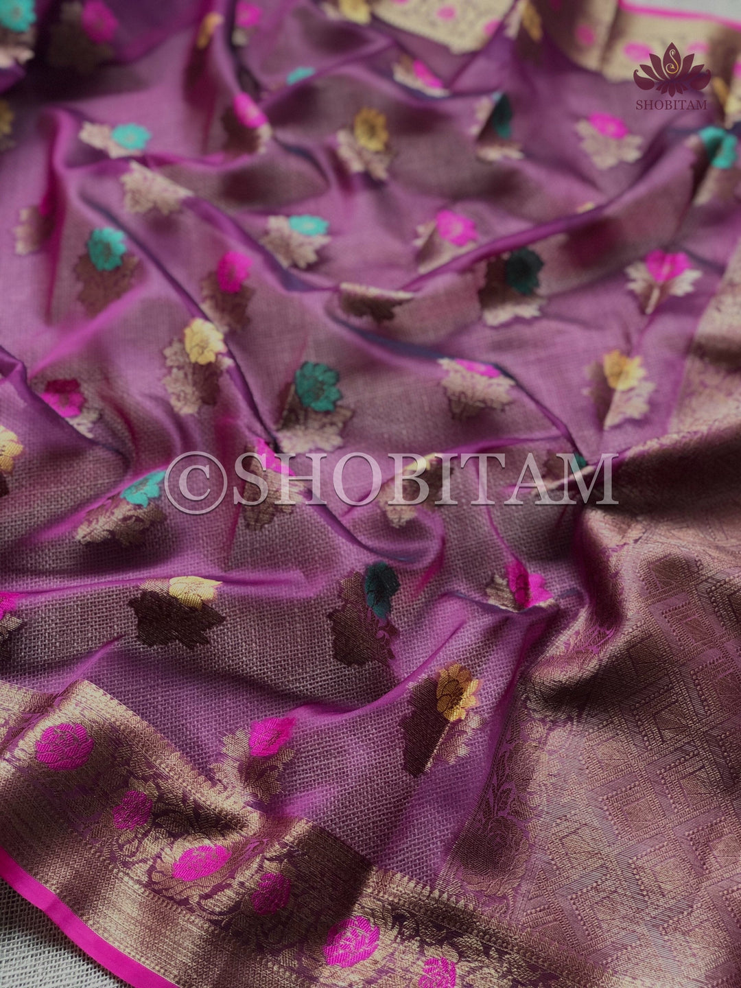 Meenakari Semi Kora Banarasi Saree in Plum with Antique Zari | Shobitam Saree