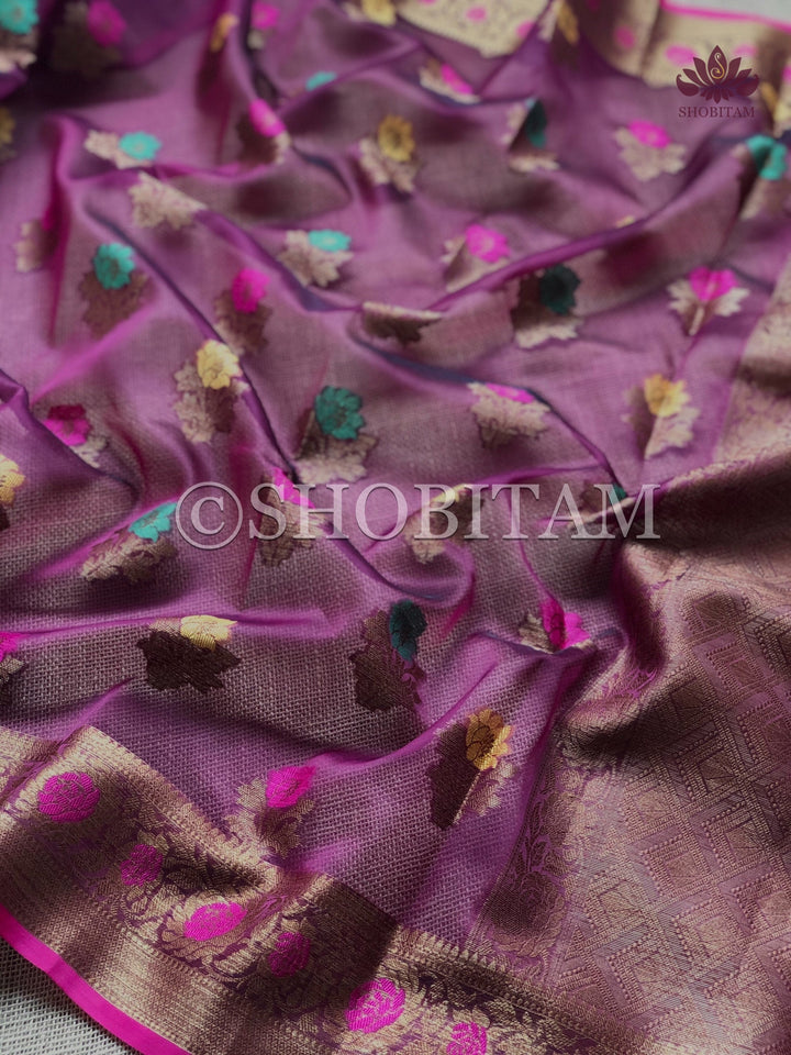 Meenakari Semi Kora Banarasi Saree in Plum with Antique Zari | Shobitam Saree