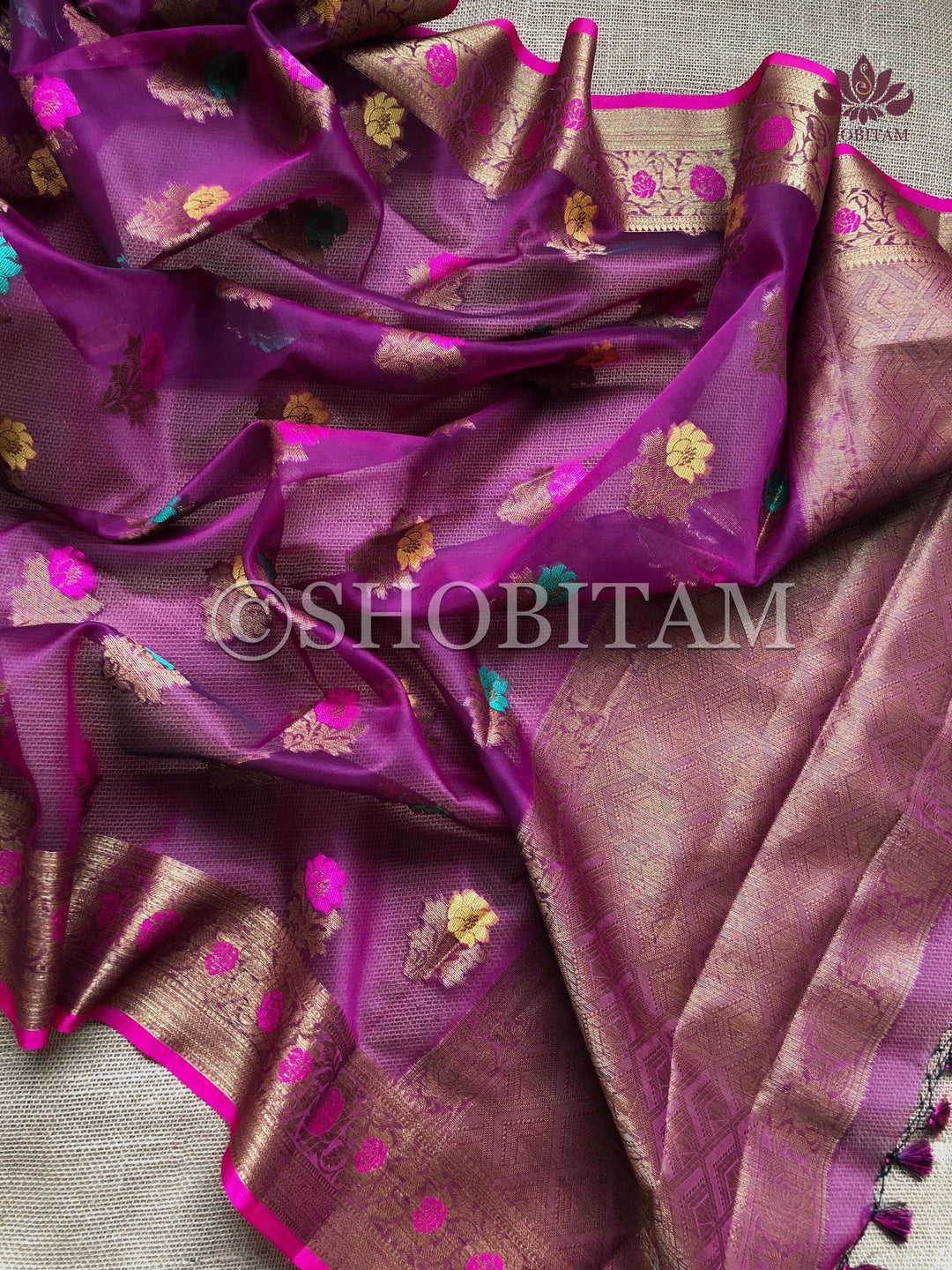 Meenakari Semi Kora Banarasi Saree in Plum with Antique Zari | Shobitam Saree