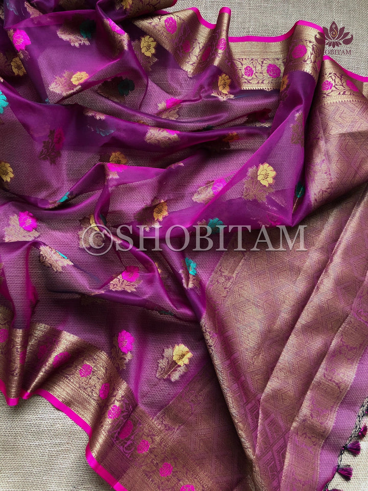 Meenakari Semi Kora Banarasi Saree in Plum with Antique Zari | Shobitam Saree