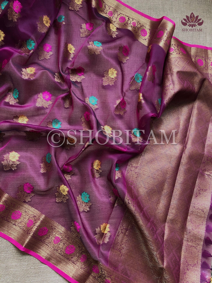 Meenakari Semi Kora Banarasi Saree in Plum with Antique Zari | Shobitam Saree