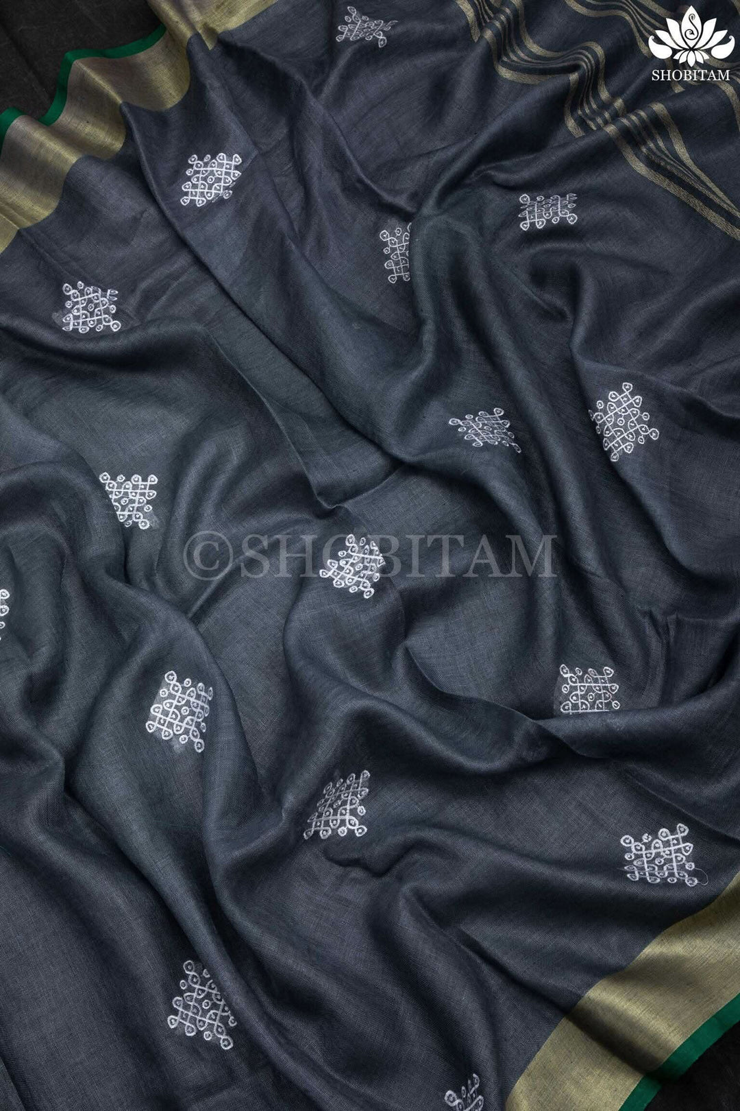 Pre order Kolam Linen embroidery Saree in Charcoal Gray and Green | Linen by Linen  Saree I Rangoli Saree