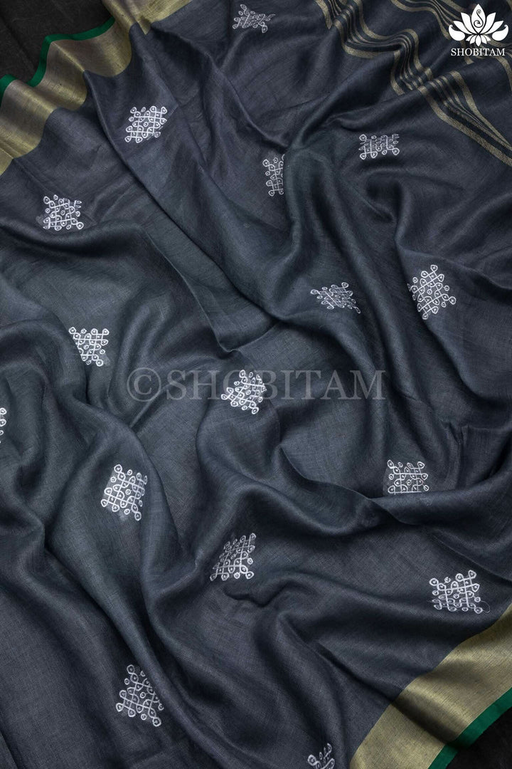 Pre order Kolam Linen embroidery Saree in Charcoal Gray and Green | Linen by Linen  Saree I Rangoli Saree