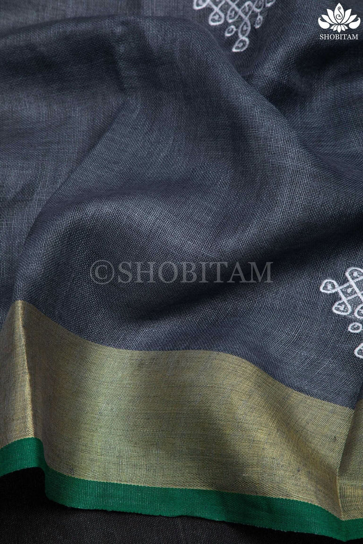 Pre order Kolam Linen embroidery Saree in Charcoal Gray and Green | Linen by Linen  Saree I Rangoli Saree