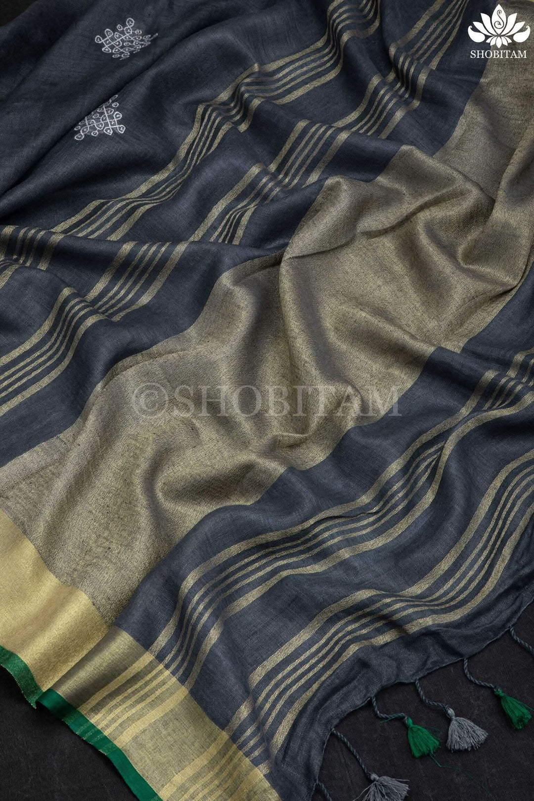 Pre order Kolam Linen embroidery Saree in Charcoal Gray and Green | Linen by Linen  Saree I Rangoli Saree
