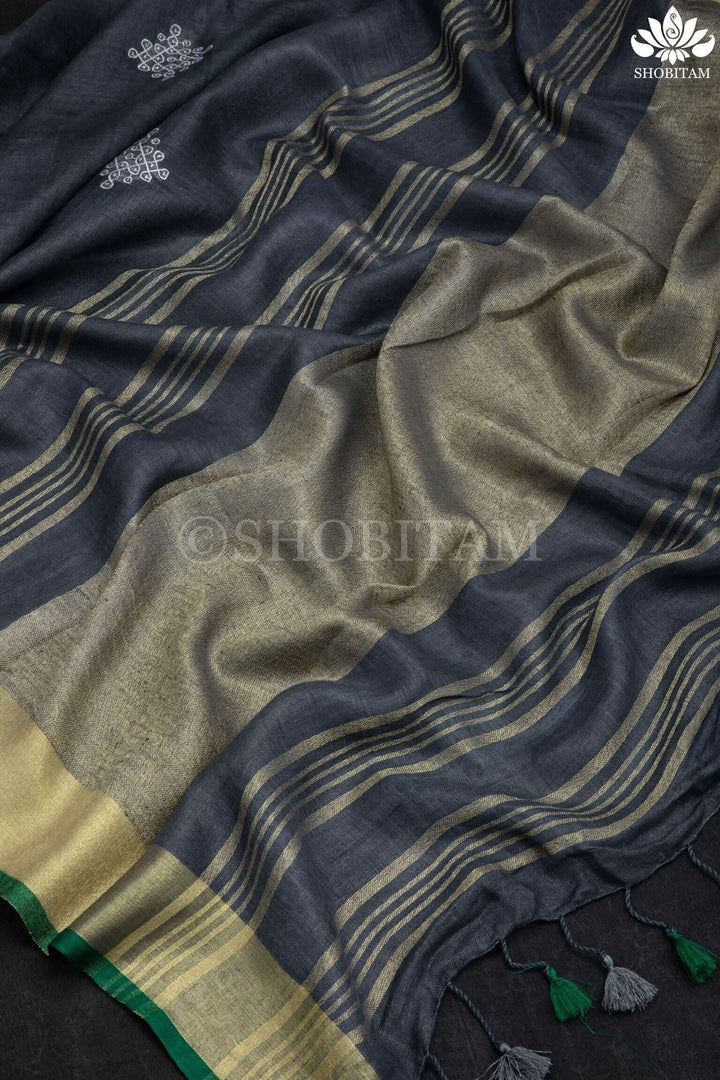 Pre order Kolam Linen embroidery Saree in Charcoal Gray and Green | Linen by Linen  Saree I Rangoli Saree