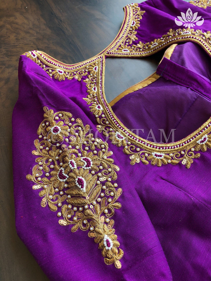 Made to Order: Zardosi and French Knot Silk Saree Bloue I Zardosi Work Blouse | Shobitam Blouse
