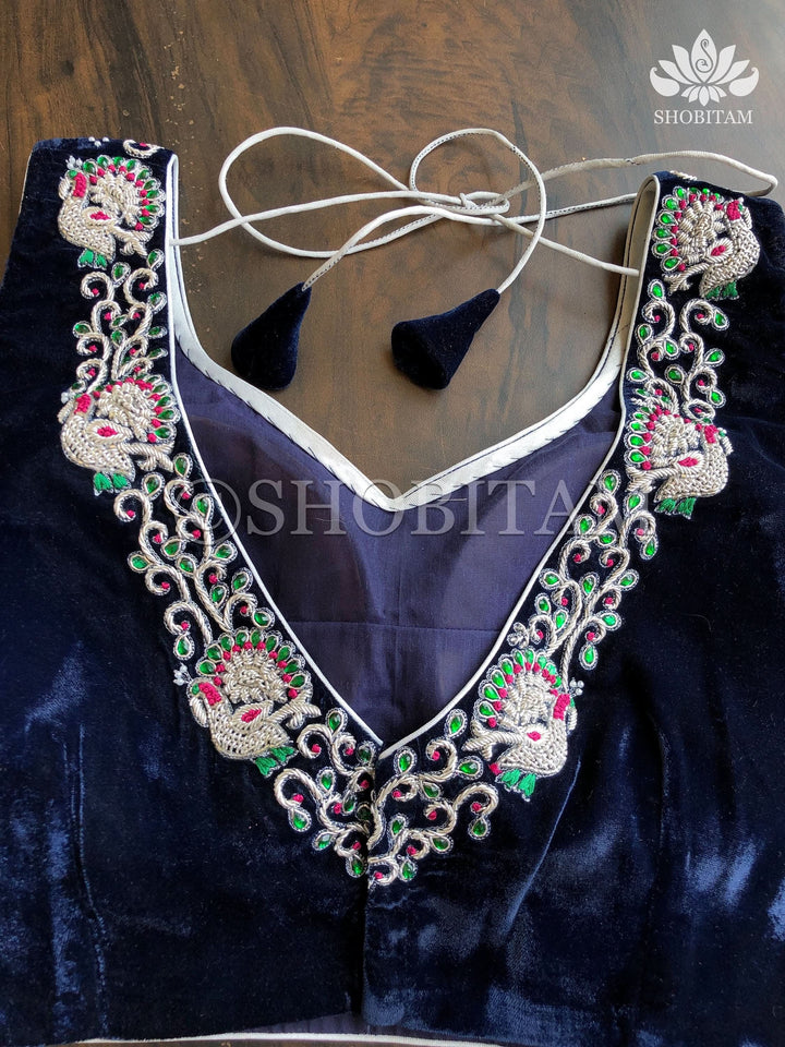 Made to Order: Velvet Midnight Blue with Silver Zardosi Blouse with Meenakari detailing |Shobitam Blouse
