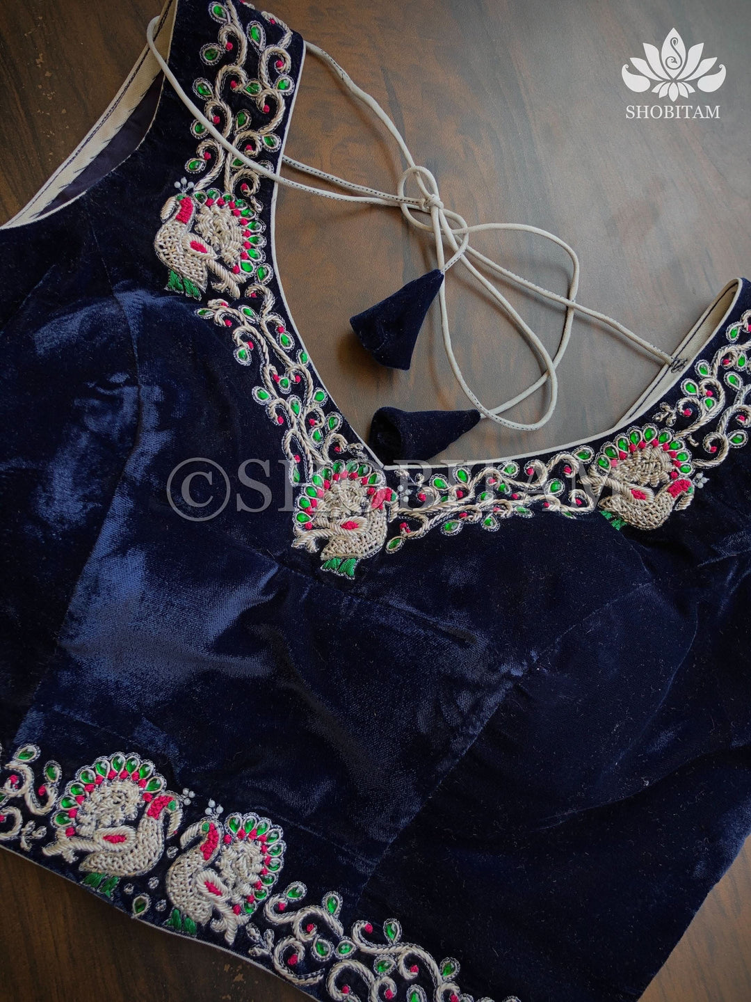 Made to Order: Velvet Midnight Blue with Silver Zardosi Blouse with Meenakari detailing |Shobitam Blouse
