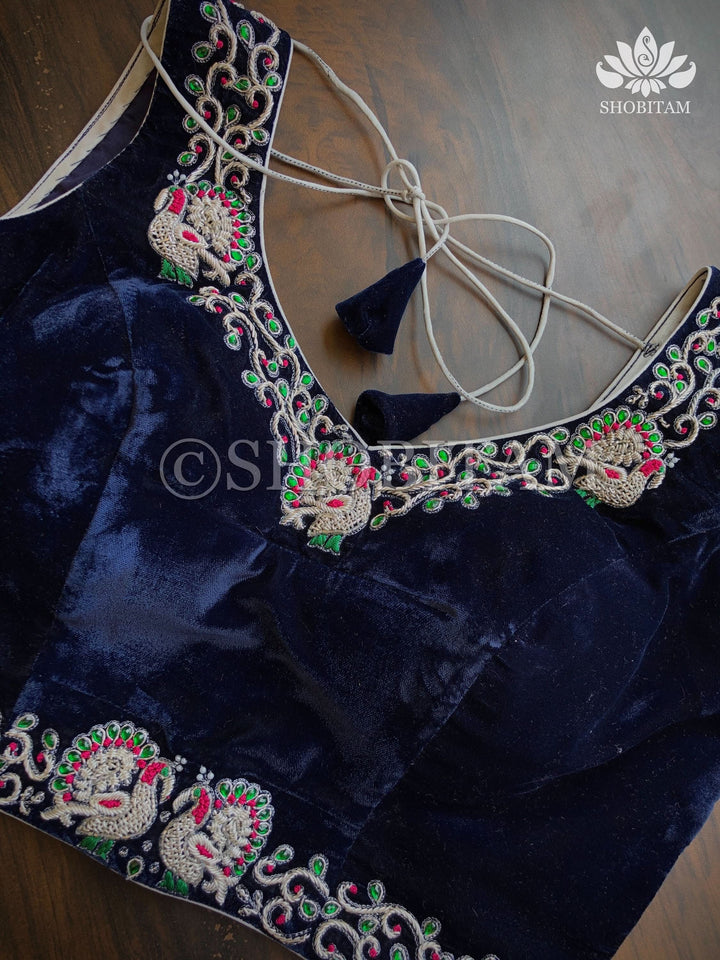 Made to Order: Velvet Midnight Blue with Silver Zardosi Blouse with Meenakari detailing |Shobitam Blouse