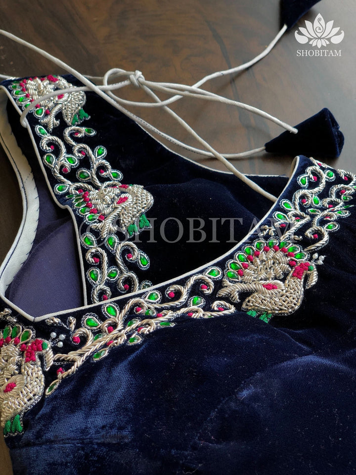 Made to Order: Velvet Midnight Blue with Silver Zardosi Blouse with Meenakari detailing |Shobitam Blouse