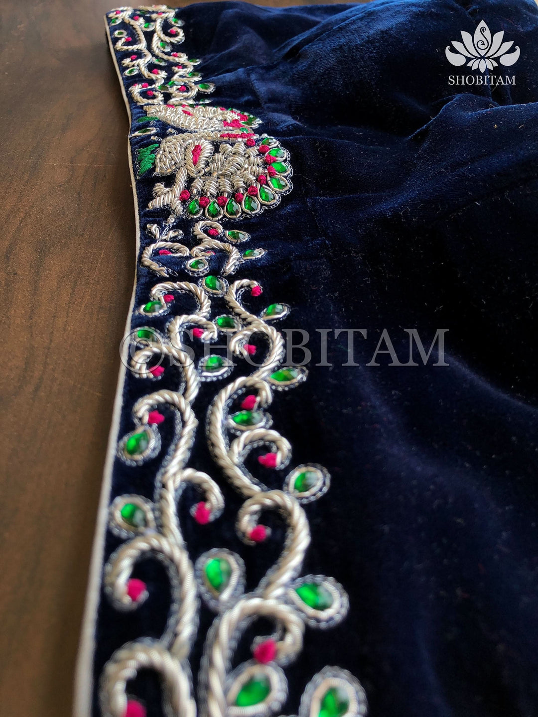 Made to Order: Velvet Midnight Blue with Silver Zardosi Blouse with Meenakari detailing |Shobitam Blouse