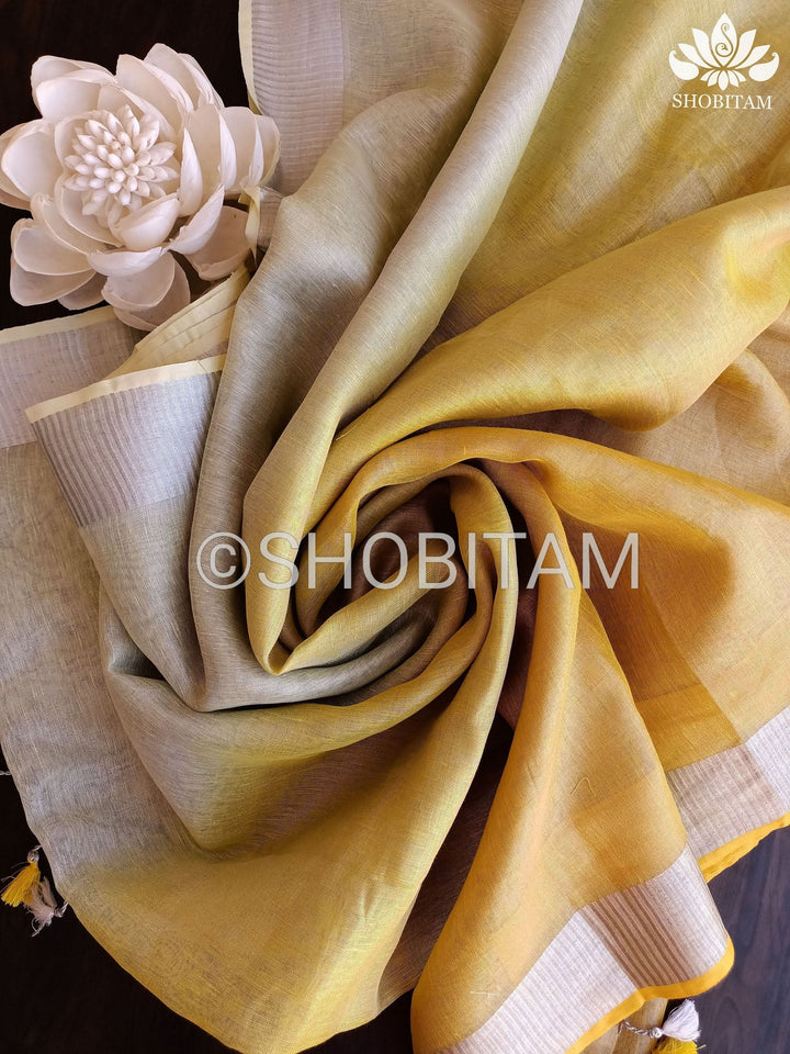 Pre oredr Ombre Yellow and Silver Tissue Linen Saree | Shobitam Saree