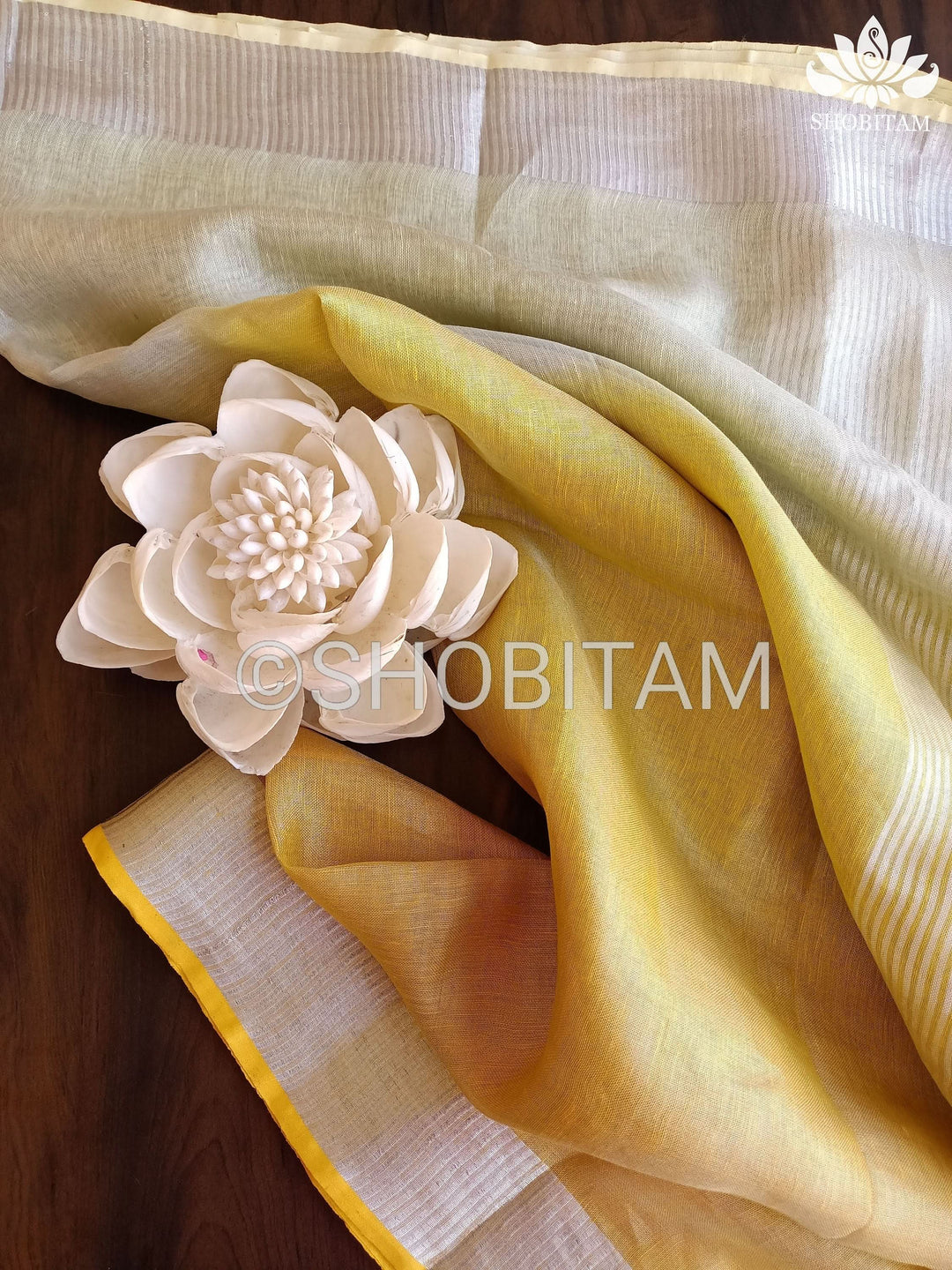 Pre oredr Ombre Yellow and Silver Tissue Linen Saree | Shobitam Saree