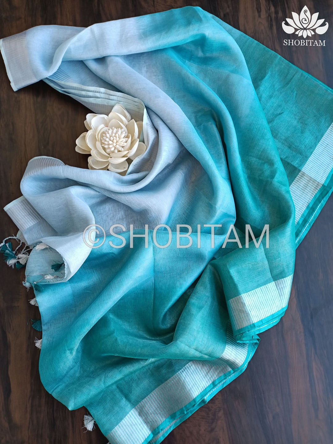 SHOBITAM Designer Collections - Pretty Ocean Blue Ombre Tissue Linen saree | Sarees by SHOBITAM