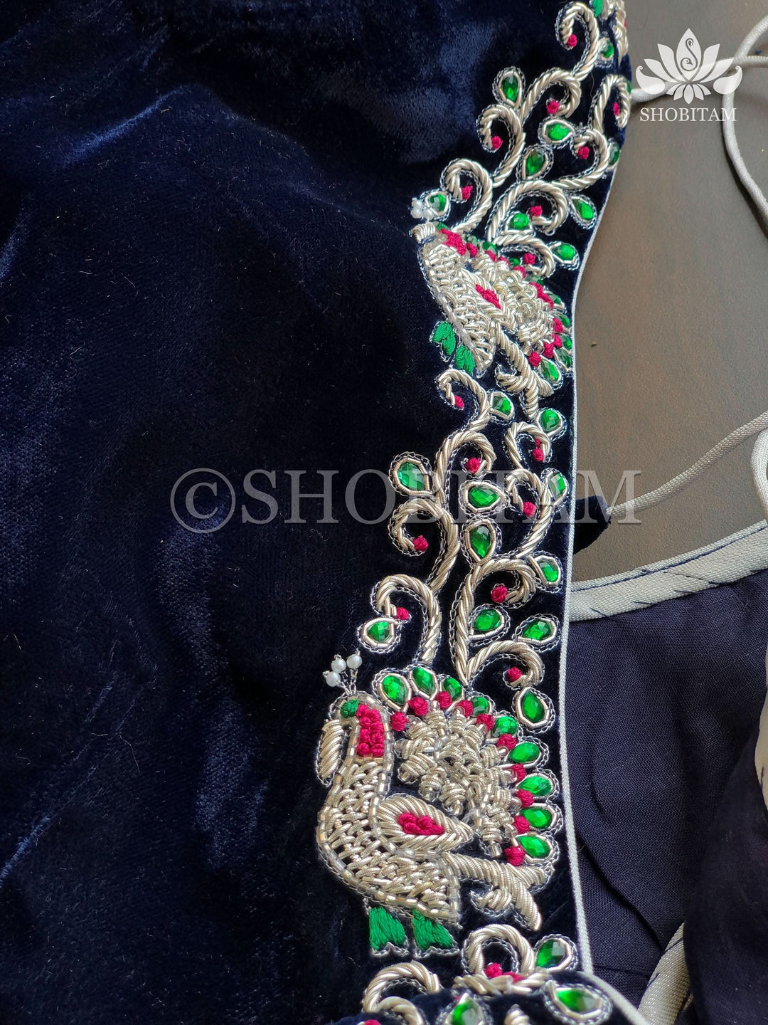 Made to Order: Velvet Midnight Blue with Silver Zardosi Blouse with Meenakari detailing |Shobitam Blouse