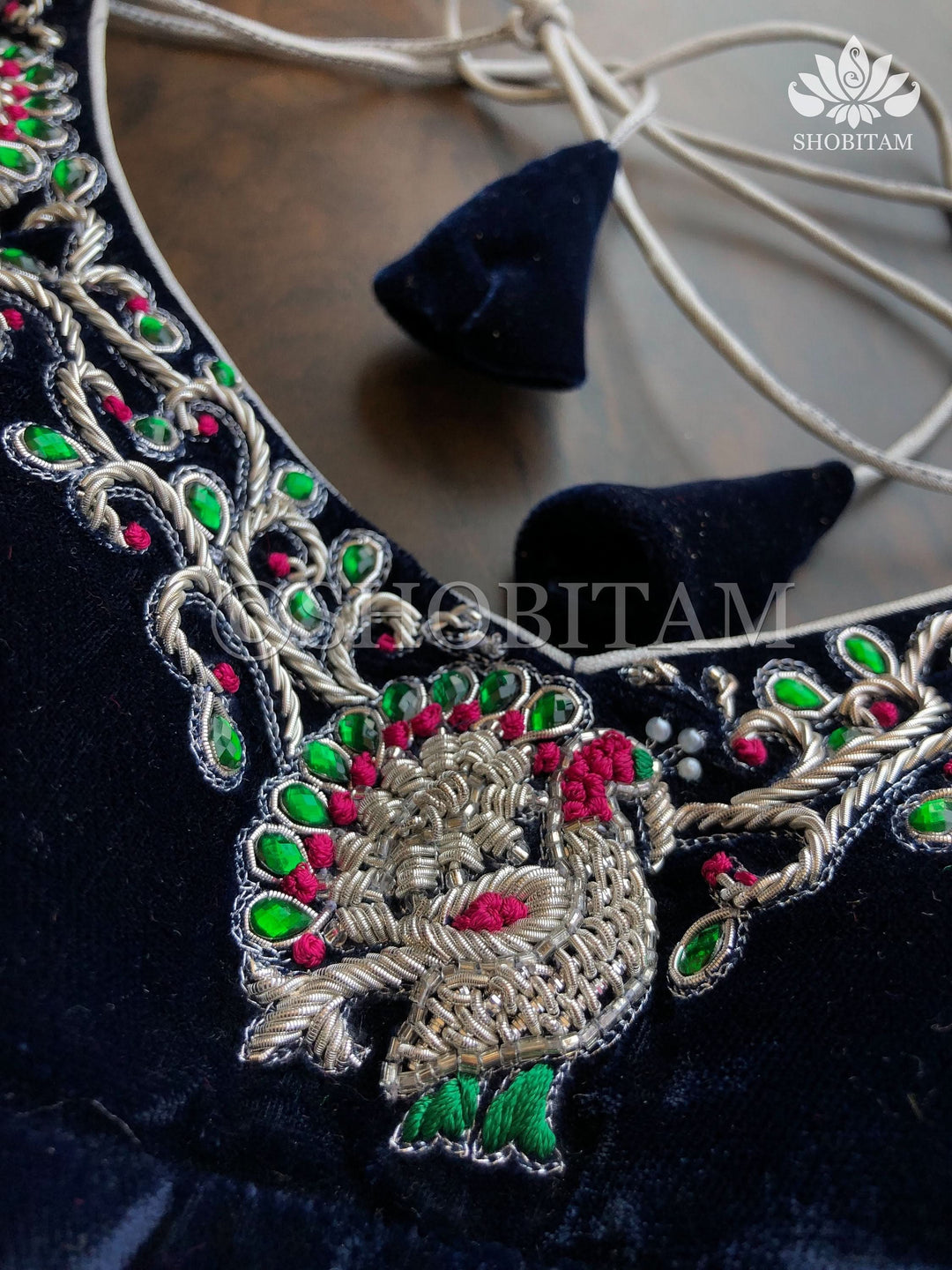 Made to Order: Velvet Midnight Blue with Silver Zardosi Blouse with Meenakari detailing |Shobitam Blouse