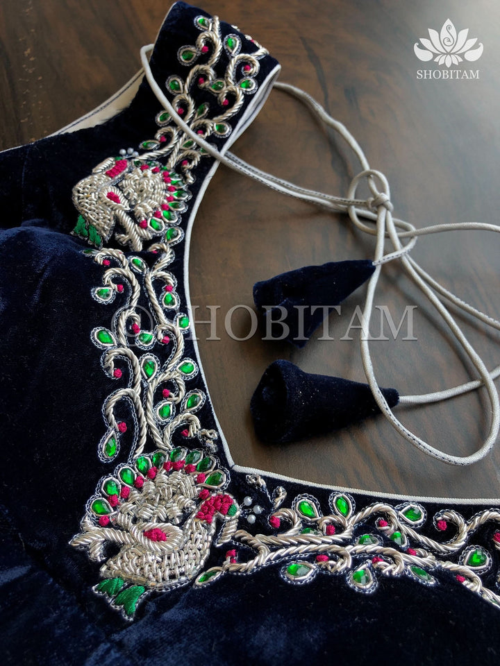 Made to Order: Velvet Midnight Blue with Silver Zardosi Blouse with Meenakari detailing |Shobitam Blouse