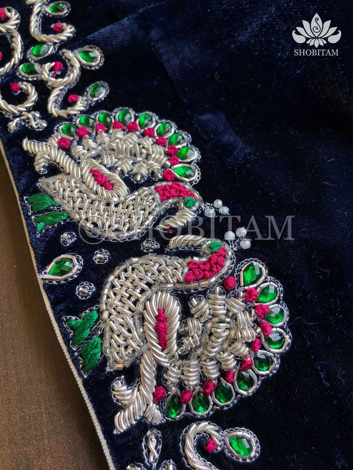 Made to Order: Velvet Midnight Blue with Silver Zardosi Blouse with Meenakari detailing |Shobitam Blouse