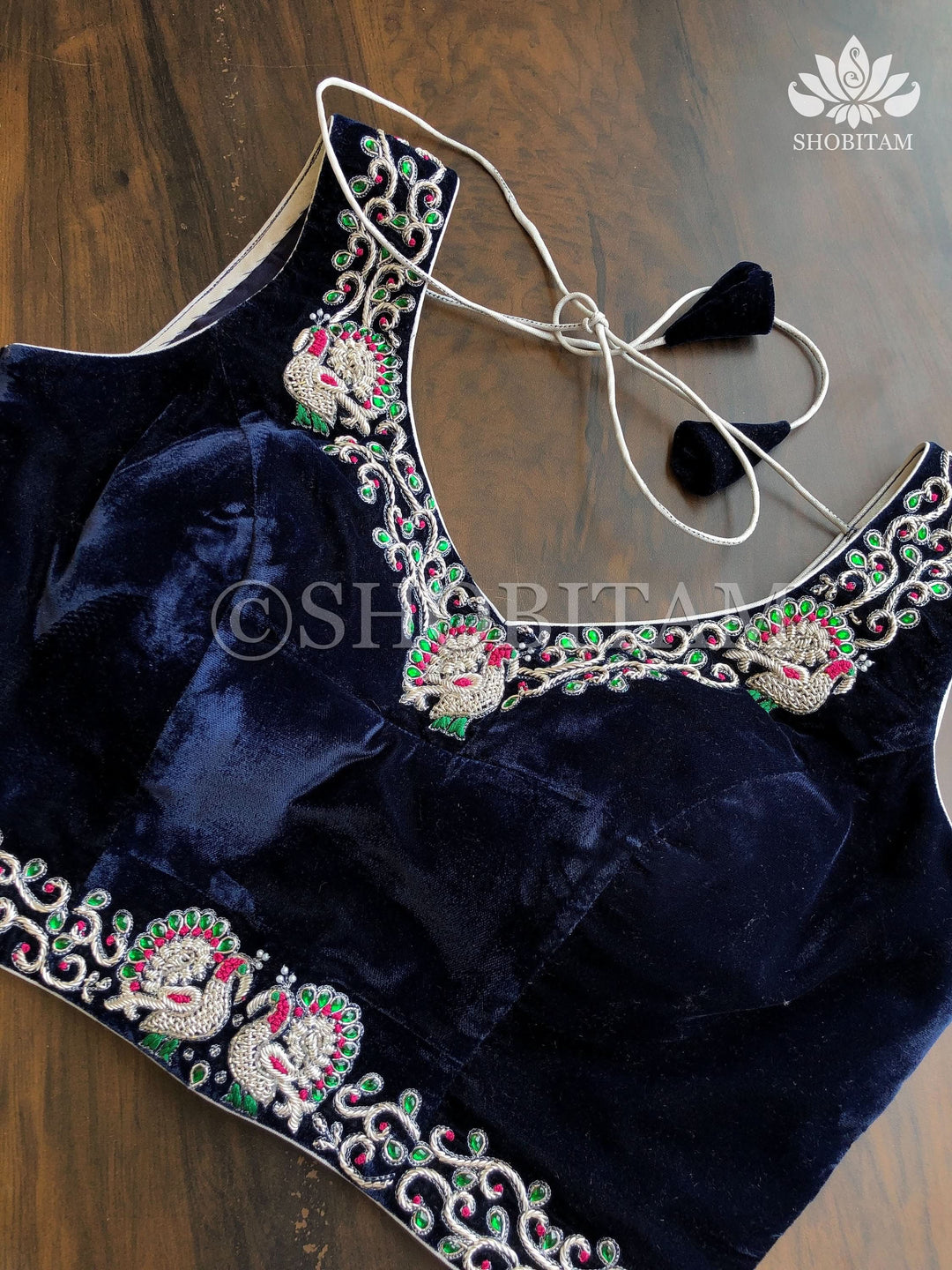 Made to Order: Velvet Midnight Blue with Silver Zardosi Blouse with Meenakari detailing |Shobitam Blouse