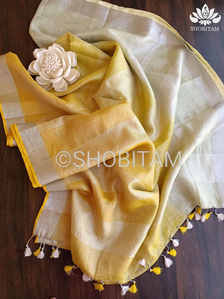 Pre oredr Ombre Yellow and Silver Tissue Linen Saree | Shobitam Saree
