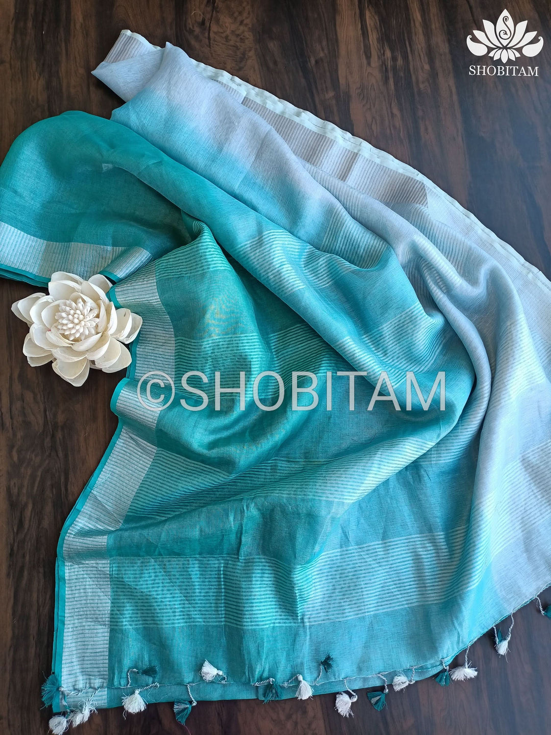 SHOBITAM Designer Collections - Pretty Ocean Blue Ombre Tissue Linen saree | Sarees by SHOBITAM