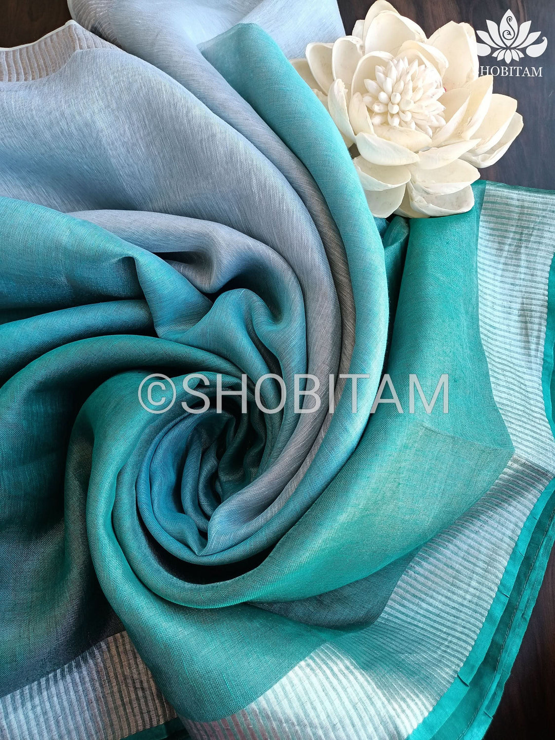SHOBITAM Designer Collections - Pretty Ocean Blue Ombre Tissue Linen saree | Sarees by SHOBITAM