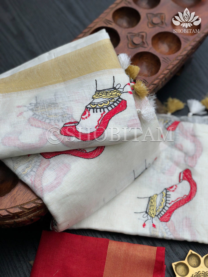 Linen Saree - Dancer’s feet embroidery saree | Organic Linen by Linen  Saree | Shobitam saree