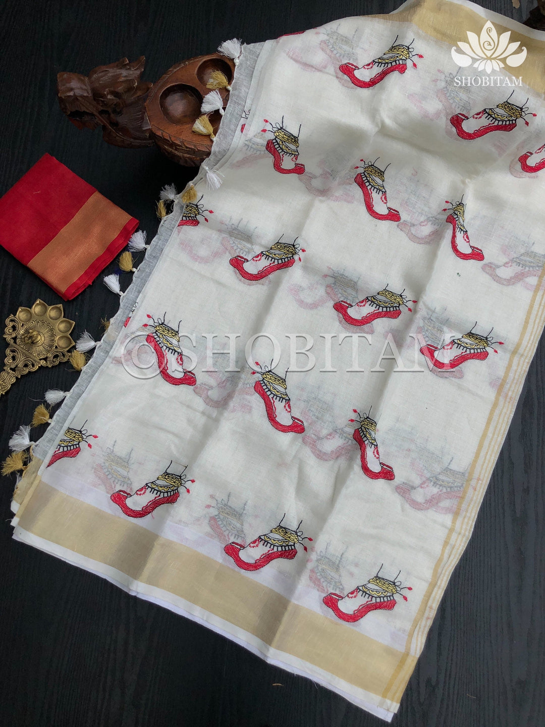 Linen Saree - Dancer’s feet embroidery saree | Organic Linen by Linen  Saree | Shobitam saree