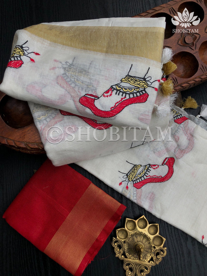 Linen Saree - Dancer’s feet embroidery saree | Organic Linen by Linen  Saree | Shobitam saree