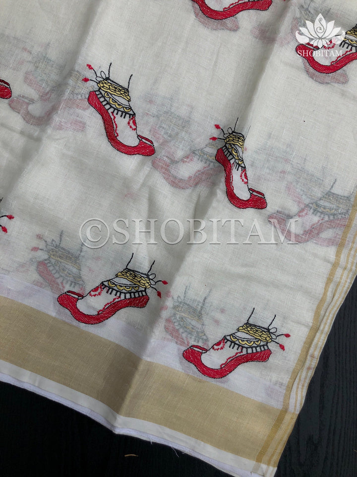 Linen Saree - Dancer’s feet embroidery saree | Organic Linen by Linen  Saree | Shobitam saree