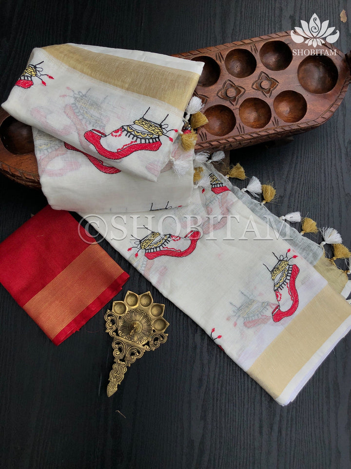 Linen Saree - Dancer’s feet embroidery saree | Organic Linen by Linen  Saree | Shobitam saree