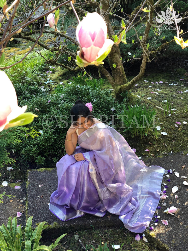 Dark Lilac Ombre Silver Tissue Linen Saree with Silver Ribbed Borders