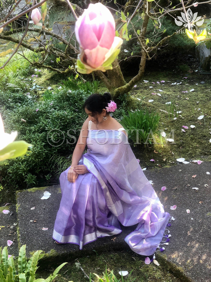 Dark Lilac Ombre Silver Tissue Linen Saree with Silver Ribbed Borders