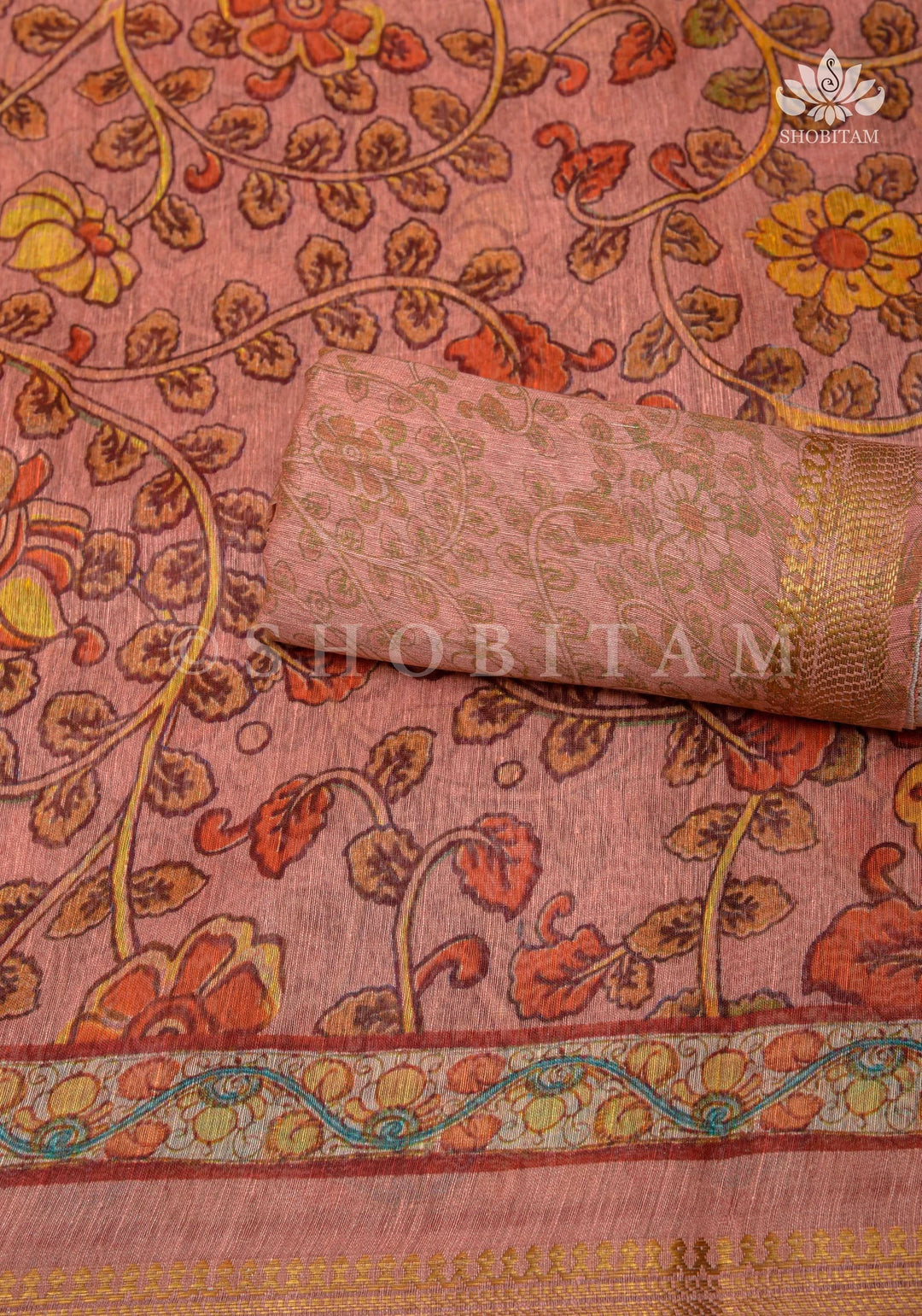 Rose Silk Linen Saree with Kalamkari Digital Print