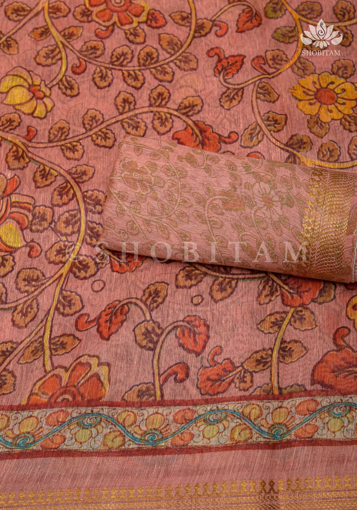 Rose Silk Linen Saree with Kalamkari Digital Print