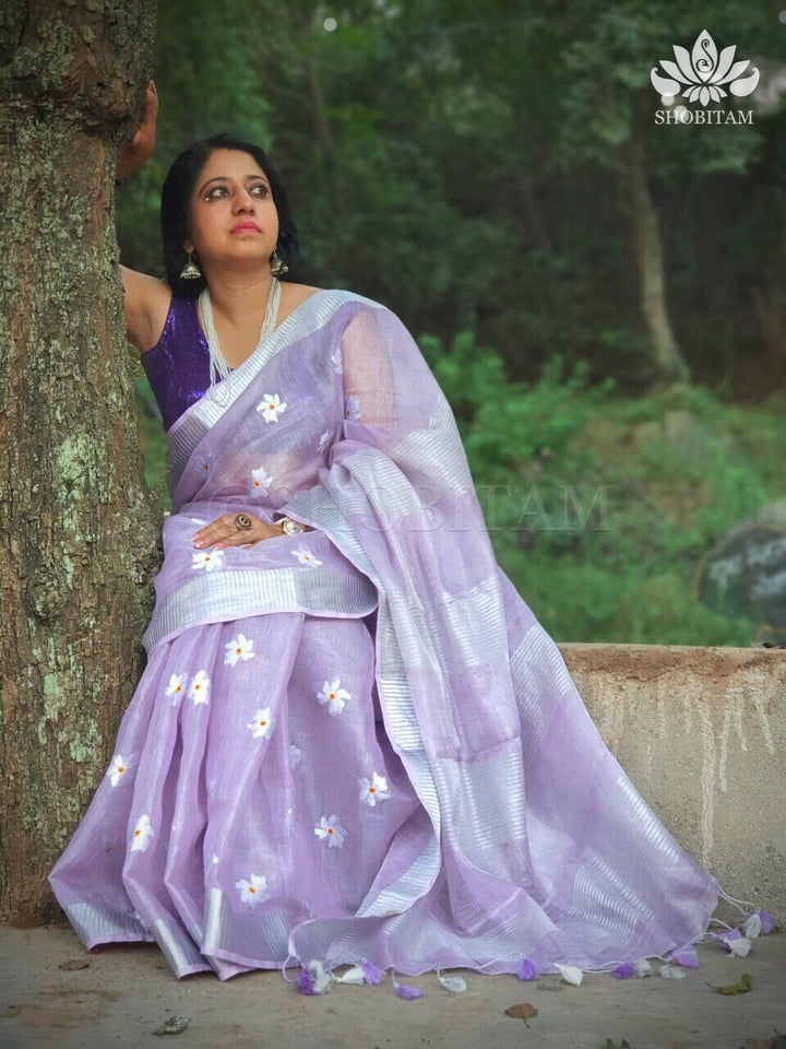 Lavender Parijaat Flower Embroidery Tissue Linen Saree