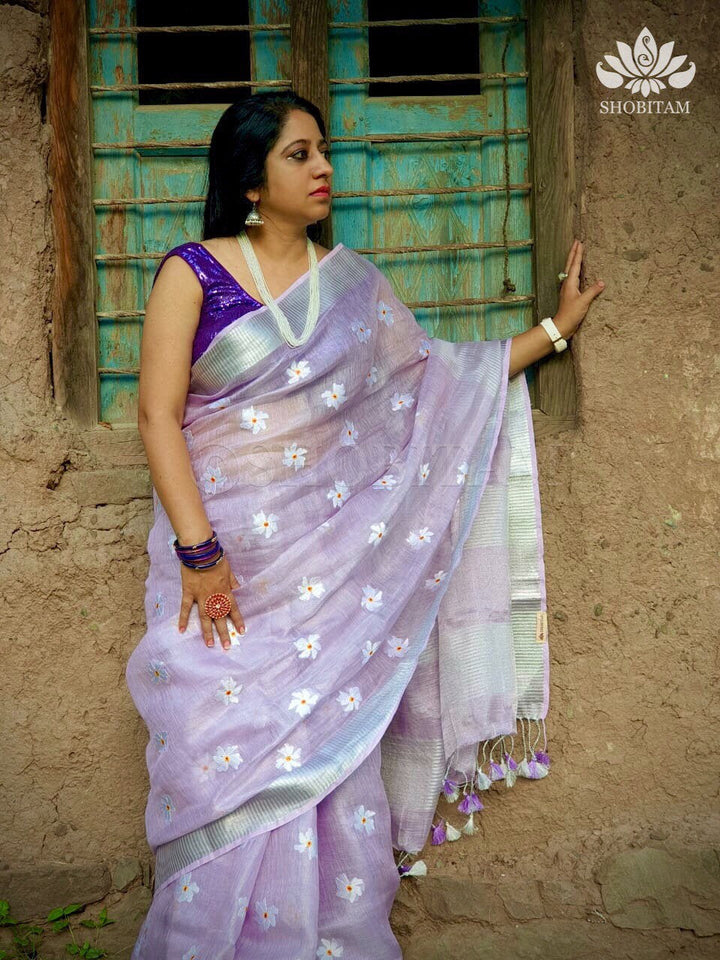 Lavender Parijaat Flower Embroidery Tissue Linen Saree