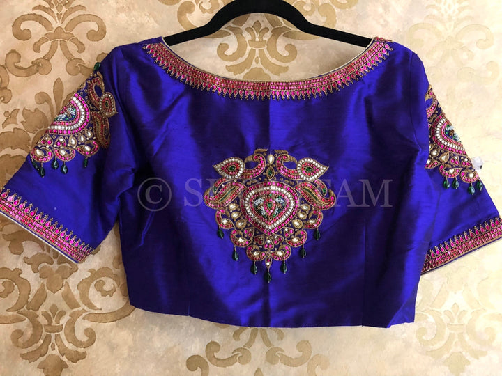 Made to Order:  Temple Jewelry Style Jadau Blouse in Purple | Shobitam Blouse