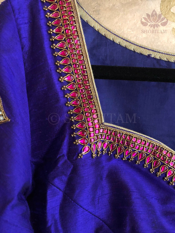 Made to Order:  Temple Jewelry Style Jadau Blouse in Purple | Shobitam Blouse