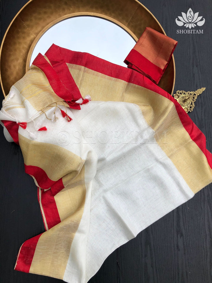 Lovely Wide Border Linen Saree in Ivory and Red with Gold Zari | Lal Paar Saree I White and Red Saree