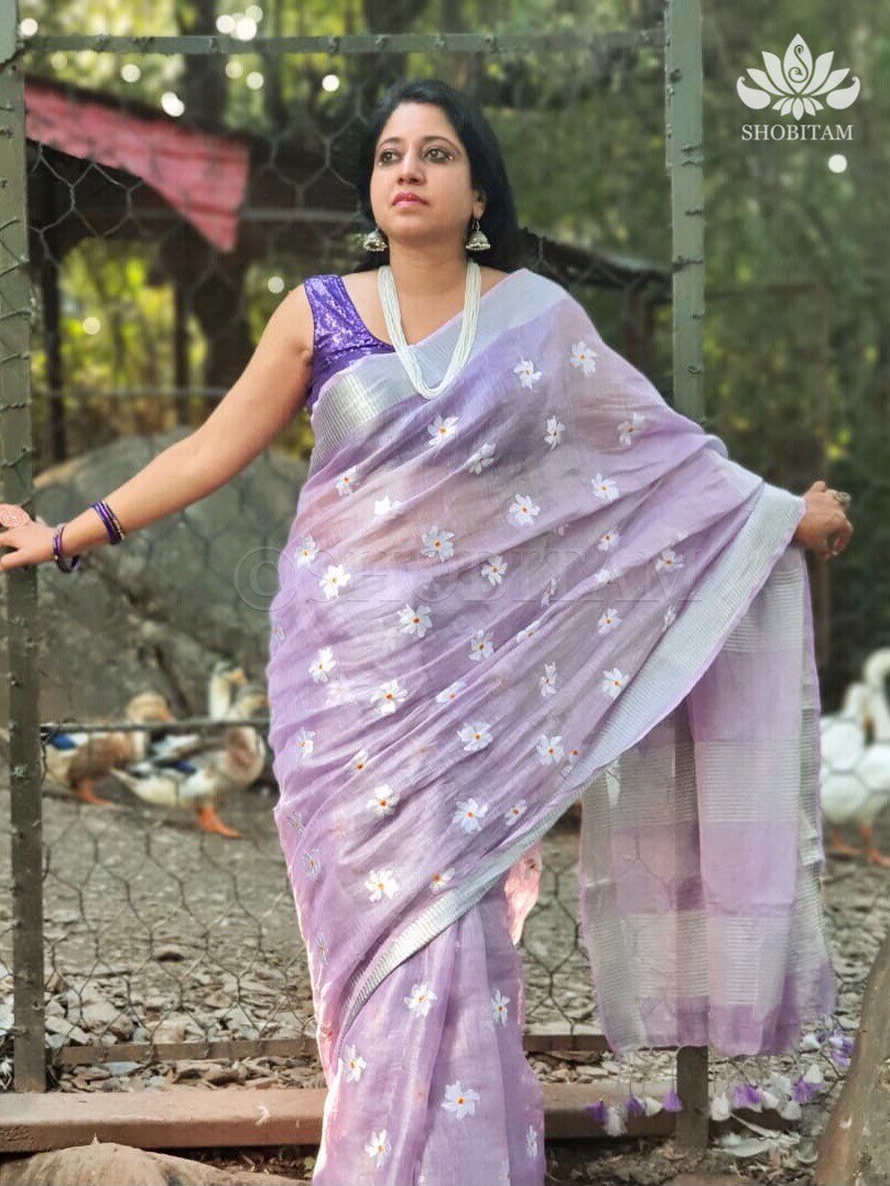 Lavender Parijaat Flower Embroidery Tissue Linen Saree