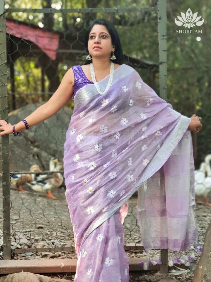 Lavender Parijaat Flower Embroidery Tissue Linen Saree