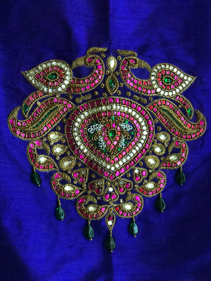 Made to Order:  Temple Jewelry Style Jadau Blouse in Purple | Shobitam Blouse