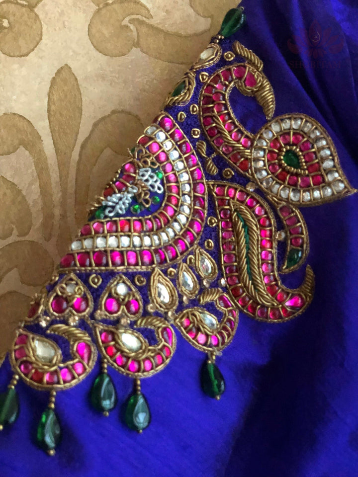 Made to Order:  Temple Jewelry Style Jadau Blouse in Purple | Shobitam Blouse
