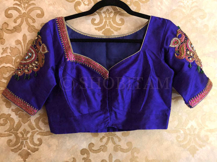 Made to Order:  Temple Jewelry Style Jadau Blouse in Purple | Shobitam Blouse