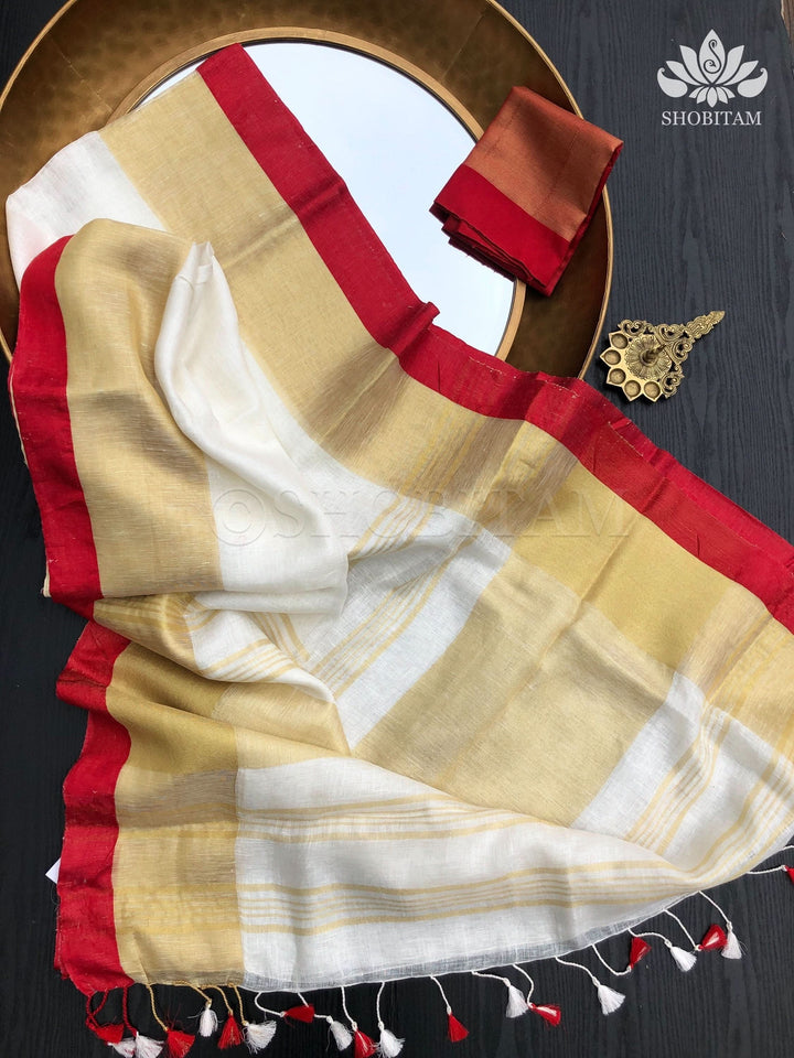 Lovely Wide Border Linen Saree in Ivory and Red with Gold Zari | Lal Paar Saree I White and Red Saree