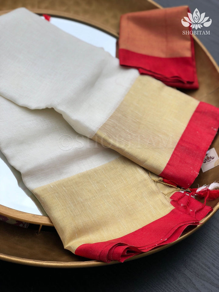 Lovely Wide Border Linen Saree in Ivory and Red with Gold Zari | Lal Paar Saree I White and Red Saree